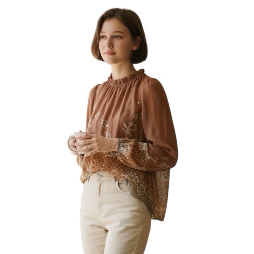 Rachel Zoe Floral Sheer Blouse - Brown and Cream Ruffle Collar, Puff Sleeves
